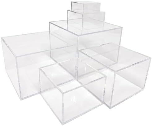 6 Pcs Acrylic Display Risers 6 Sizes 5 Sided Clear Cube Boxes, 3 to 8 Inch in transparent