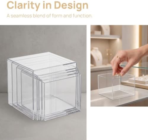 6 Pcs Acrylic Display Risers 6 Sizes 5 Sided Clear Cube Boxes, 3 to 8 Inch in transparent, alternate view 4