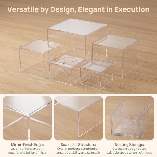 6 Pcs Acrylic Display Risers 6 Sizes 5 Sided Clear Cube Boxes, 3 to 8 Inch in transparent, alternate view 6