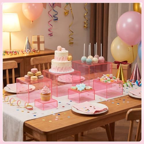 6 Pcs Acrylic Risers Cube Stands, Clear Pink, 3 to 8 Inch, Square in Clear Pink, alternate view 2