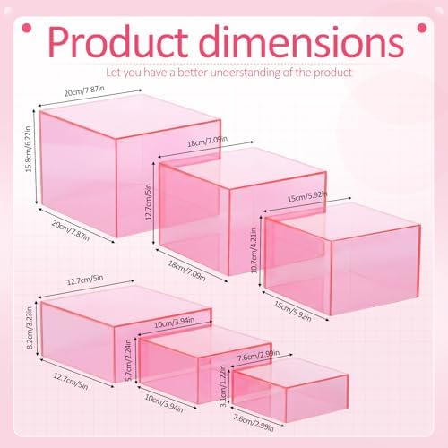 6 Pcs Acrylic Risers Cube Stands, Clear Pink, 3 to 8 Inch, Square in Clear Pink, alternate view 3