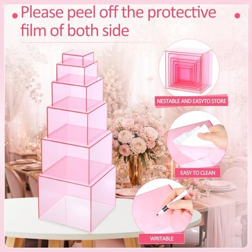 6 Pcs Acrylic Risers Cube Stands, Clear Pink, 3 to 8 Inch, Square in Clear Pink, alternate view 4