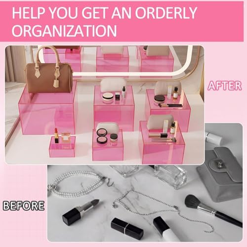 6 Pcs Acrylic Risers Cube Stands, Clear Pink, 3 to 8 Inch, Square in Clear Pink, alternate view 5