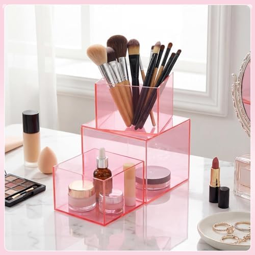 6 Pcs Acrylic Risers Cube Stands, Clear Pink, 3 to 8 Inch, Square in Clear Pink, alternate view 6