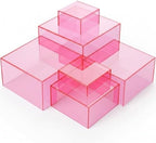 6 Pcs Acrylic Risers Cube Stands, Clear Pink, 7 to 12 Inch, Square in Clear Pink