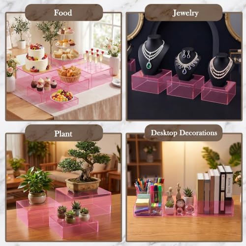 6 Pcs Acrylic Risers Cube Stands, Clear Pink, 7 to 12 Inch, Square in Clear Pink, alternate view 6
