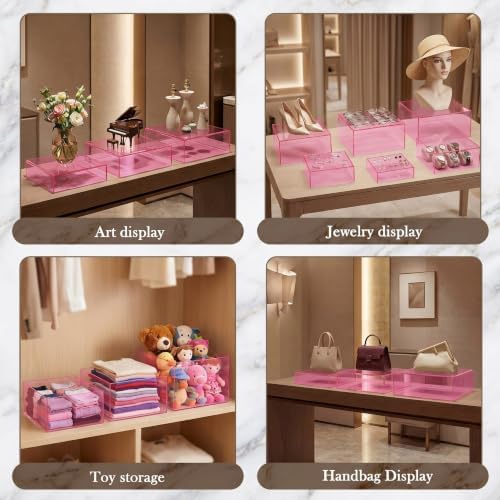 6 Pcs Acrylic Risers Cube Stands, Clear Pink, 7 to 12 Inch, Square in Clear Pink, alternate view 7