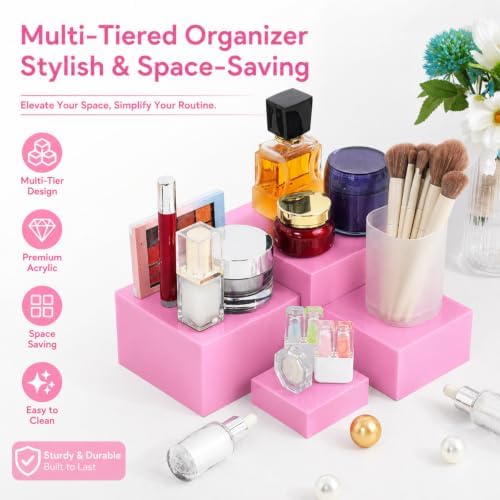 6 Pcs Acrylic Risers Cube Stands, Pink, 3 to 8 Inch, Square in Pink, alternate view 4