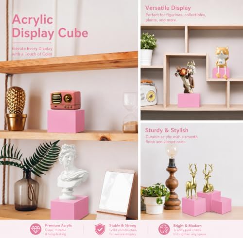 6 Pcs Acrylic Risers Cube Stands, Pink, 3 to 8 Inch, Square in Pink, alternate view 7