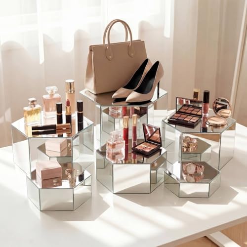 6 Pcs Acrylic Risers Cube Stands, Sliver, 7 to 12 Inch, Hexagonal in Sliver, alternate view 2