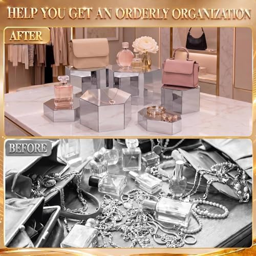 6 Pcs Acrylic Risers Cube Stands, Sliver, 7 to 12 Inch, Hexagonal in Sliver, alternate view 6