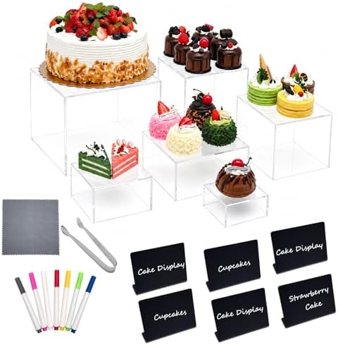 6 Pcs Acrylic Risers for Display, Clear Buffet Risers with 7 Colored Markers, 6 Mini Signs, Cookie Tongs &