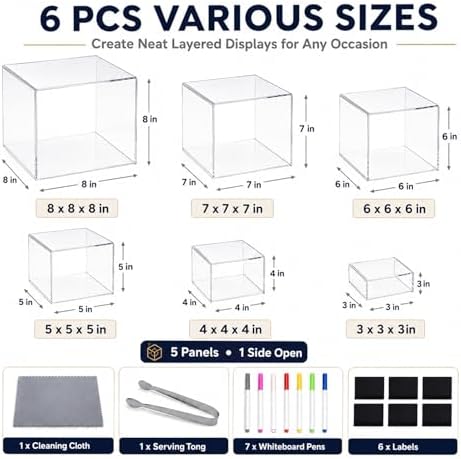 6 Pcs Acrylic Risers for Display, Clear Buffet Risers with 7 Colored Markers, 6 Mini Signs, Cookie Tongs &, alternate view 2