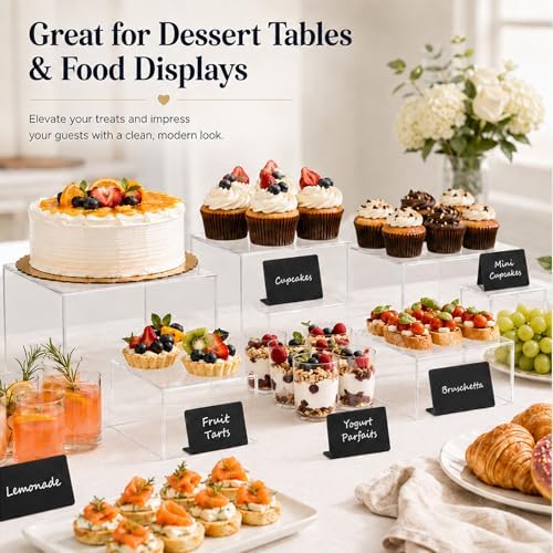 6 Pcs Acrylic Risers for Display, Clear Buffet Risers with 7 Colored Markers, 6 Mini Signs, Cookie Tongs &, alternate view 3
