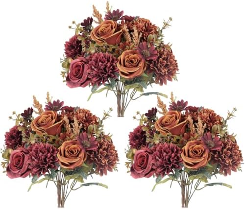 6 Pcs Artificial Fall Flowers Silk Fall Bouquet Fake Rose Orange