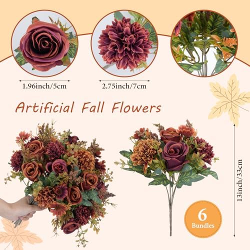 6 Pcs Artificial Fall Flowers Silk Fall Bouquet Fake Rose Orange, alternate view 2
