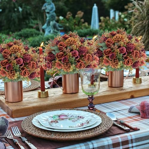 6 Pcs Artificial Fall Flowers Silk Fall Bouquet Fake Rose Orange, alternate view 5
