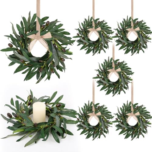 6 Pcs Artificial Summer Olive Wreaths Greenery Wreath Mini Green Kitchen Cabinet Wreaths Spring Wreath for Front