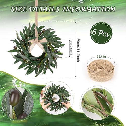 6 Pcs Artificial Summer Olive Wreaths Greenery Wreath Mini Green Kitchen Cabinet Wreaths Spring Wreath for Front, alternate