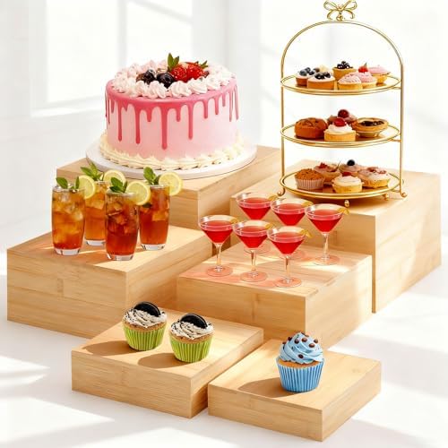 6 Pcs Bamboo Buffet Risers and Stands for Food, 4''-7.9'' in Bamboo