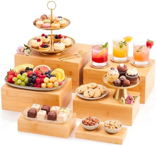 6 Pcs Bamboo Buffet Risers and Stands for Food, 7''-12'' in Bamboo