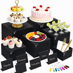 6 Pcs Black Buffet Risers and Stands with Mini Table Sign and Maker in Black