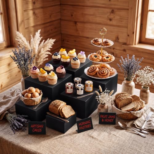 6 Pcs Black Buffet Risers and Stands with Mini Table Sign and Maker in Black, alternate view 2