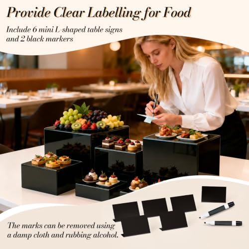 6 Pcs Buffet Risers, Food Risers Display Stands with Mini Sign and Maker in Black, alternate view 3