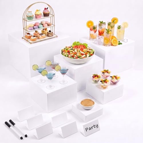 6 Pcs Buffet Risers with Mini Signs, Acrylic Food Risers for Buffet Table in White