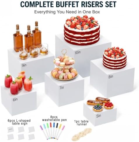6 PCS Buffet Risers with Table Runner, Food Display Risers for Buffet Table in White, alternate view 6
