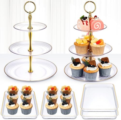 6 Pcs Cake Dessert Display Stand Set with Tray, Gold-rim in Clear