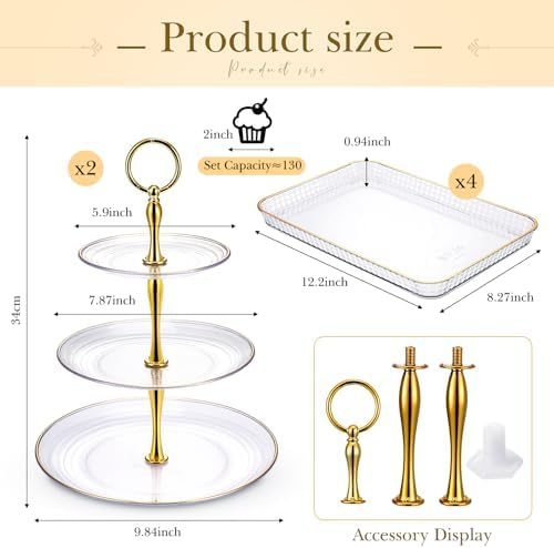 6 Pcs Cake Dessert Display Stand Set with Tray, Gold-rim in Clear, alternate view 2