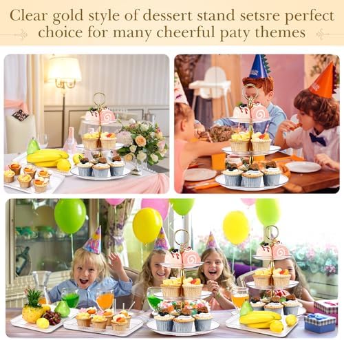 6 Pcs Cake Dessert Display Stand Set with Tray, Gold-rim in Clear, alternate view 4