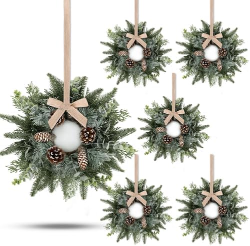6 PCS Christmas Mini Cabinet Wreaths for Kitchen with Burlap Ribbon Norfolk Snowy Pine Needles Garland Pinecones