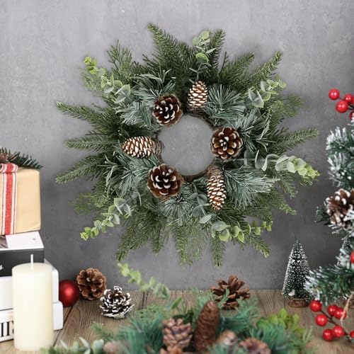 6 PCS Christmas Mini Cabinet Wreaths for Kitchen with Burlap Ribbon Norfolk Snowy Pine Needles Garland Pinecones, alternate
