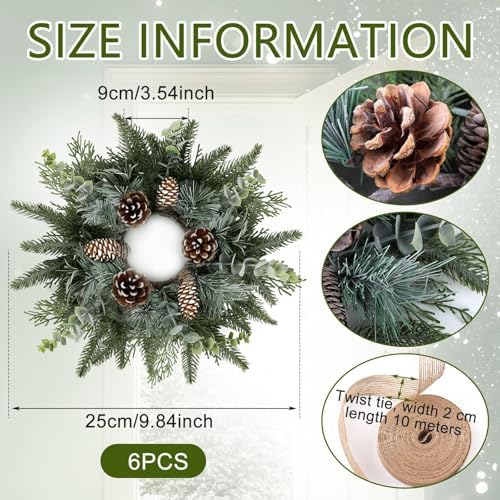 6 PCS Christmas Mini Cabinet Wreaths for Kitchen with Burlap Ribbon Norfolk Snowy Pine Needles Garland Pinecones, alternate