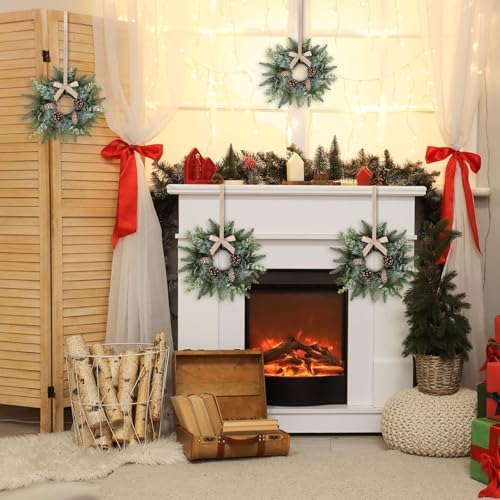 6 PCS Christmas Mini Cabinet Wreaths for Kitchen with Burlap Ribbon Norfolk Snowy Pine Needles Garland Pinecones, alternate