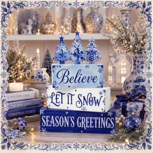 6 Pcs Christmas Table Decorations Blue Wooden Winter Tree Sign, alternate view 2