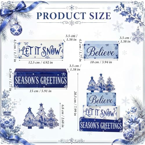 6 Pcs Christmas Table Decorations Blue Wooden Winter Tree Sign, alternate view 3