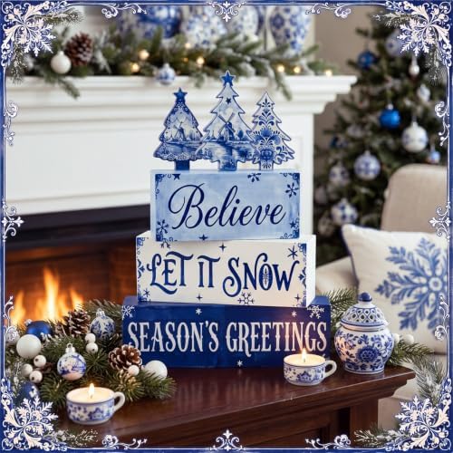 6 Pcs Christmas Table Decorations Blue Wooden Winter Tree Sign, alternate view 4