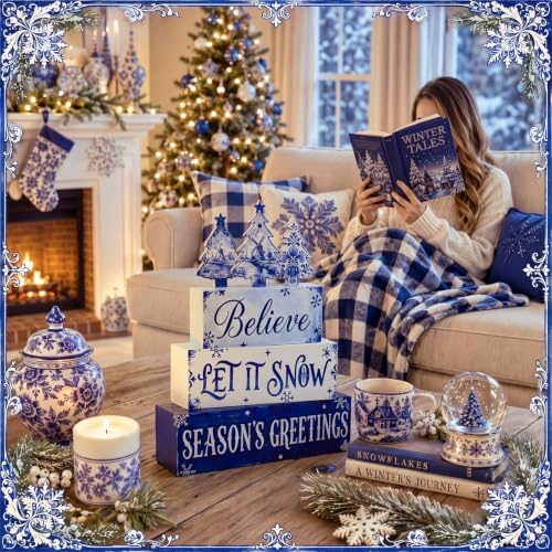 6 Pcs Christmas Table Decorations Blue Wooden Winter Tree Sign, alternate view 5