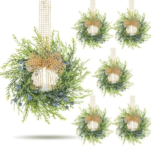 6 PCS Christmas Winter Blue Berry Cabinet Wreath Artificial Mini Kitchen Wreaths Vintage Wreath with Retro
