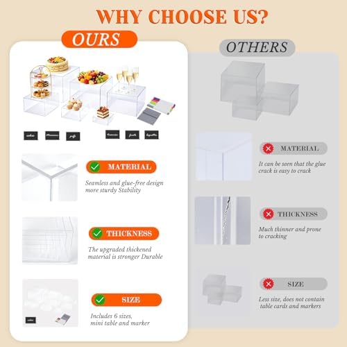 6 Pcs Clear Acrylic Buffet Risers & Dessert Table Food Display Stand Set in clear, alternate view 4