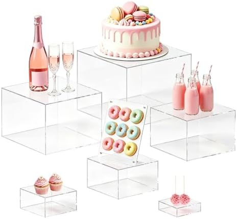 6 Pcs Clear Acrylic Buffet Risers Stackable Nesting Square Food Display Boxes, 3", 4", 5", 6", 7", 8" Catering