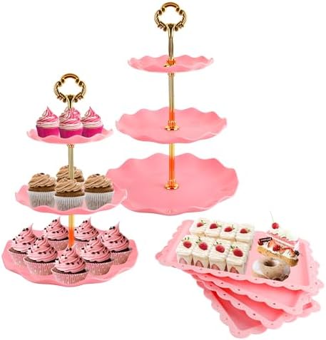 6 Pcs Cupcake Stand Set - Pink Plastic Dessert Table Display Set, 2X Pink Round 3 Tier Cupcake Display Stands