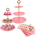 6 Pcs Cupcake Stand Set - Pink Plastic Dessert Table Display Set, 2X Pink Round 3 Tier Cupcake Display Stands