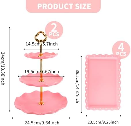 6 Pcs Cupcake Stand Set - Pink Plastic Dessert Table Display Set, 2X Pink Round 3 Tier Cupcake Display Stands, alternate view