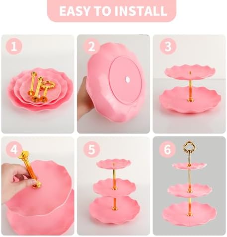 6 Pcs Cupcake Stand Set - Pink Plastic Dessert Table Display Set, 2X Pink Round 3 Tier Cupcake Display Stands, alternate view