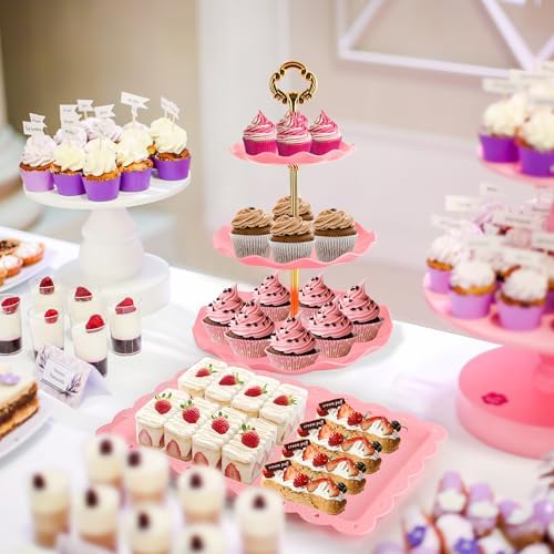 6 Pcs Cupcake Stand Set - Pink Plastic Dessert Table Display Set, 2X Pink Round 3 Tier Cupcake Display Stands, alternate view