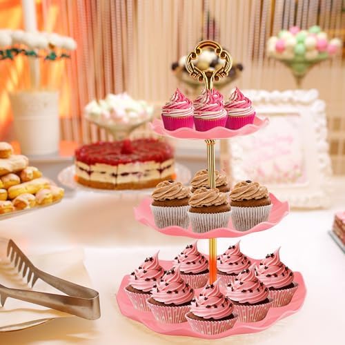 6 Pcs Cupcake Stand Set - Pink Plastic Dessert Table Display Set, 2X Pink Round 3 Tier Cupcake Display Stands, alternate view